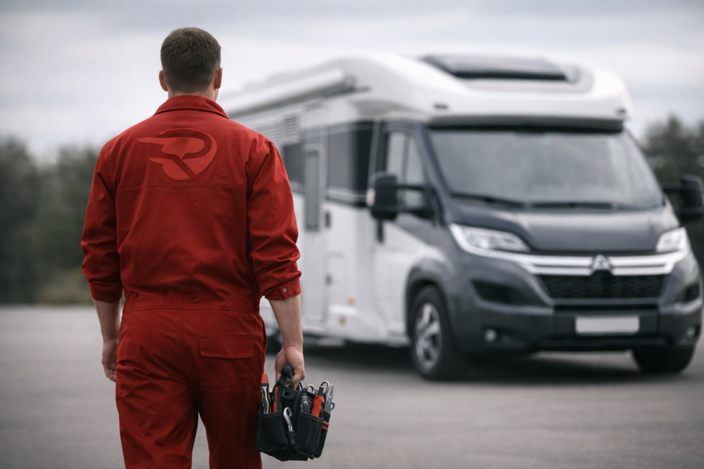 RV service technician in red RUNASO uniform walking toward a modern RV in a neutral outdoor setting